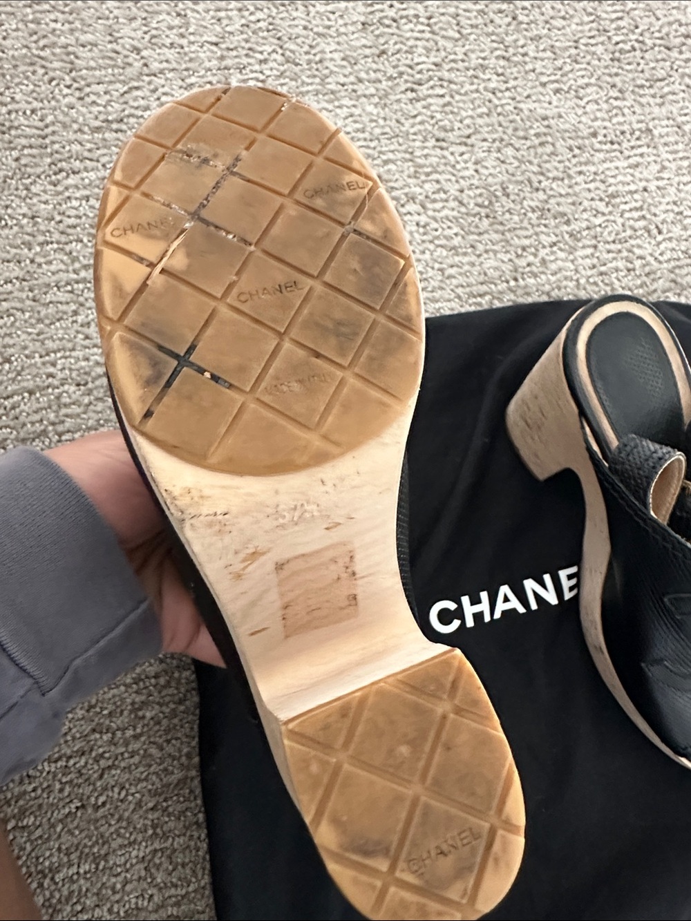 CHANEL Black Leather Peep-Toe Cork Block Heel Mules - Picture 2 of 10